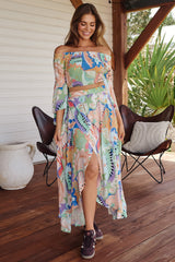 JAASE - Simi Maxi Skirt: High Waist Wrap Front Shark Bite Hem Skirt in Electric Feels Print