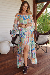 JAASE - Simi Maxi Skirt: High Waist Wrap Front Shark Bite Hem Skirt in Electric Feels Print