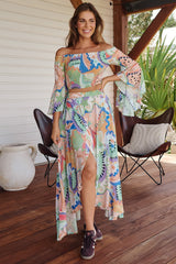 JAASE - Simi Maxi Skirt: High Waist Wrap Front Shark Bite Hem Skirt in Electric Feels Print