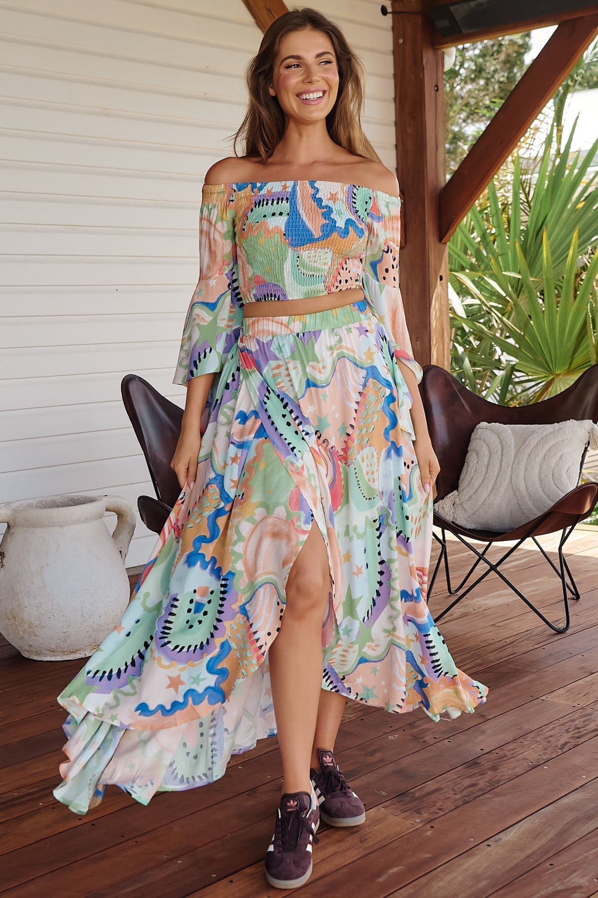 JAASE - Simi Maxi Skirt: High Waist Wrap Front Shark Bite Hem Skirt in Electric Feels Print