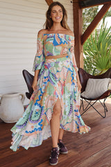 JAASE - Simi Maxi Skirt: High Waist Wrap Front Shark Bite Hem Skirt in Electric Feels Print