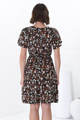 Malila Mini Dress - V Neck Pull Tie Waist Dress with Cap Sleeves in Hollie Print Black