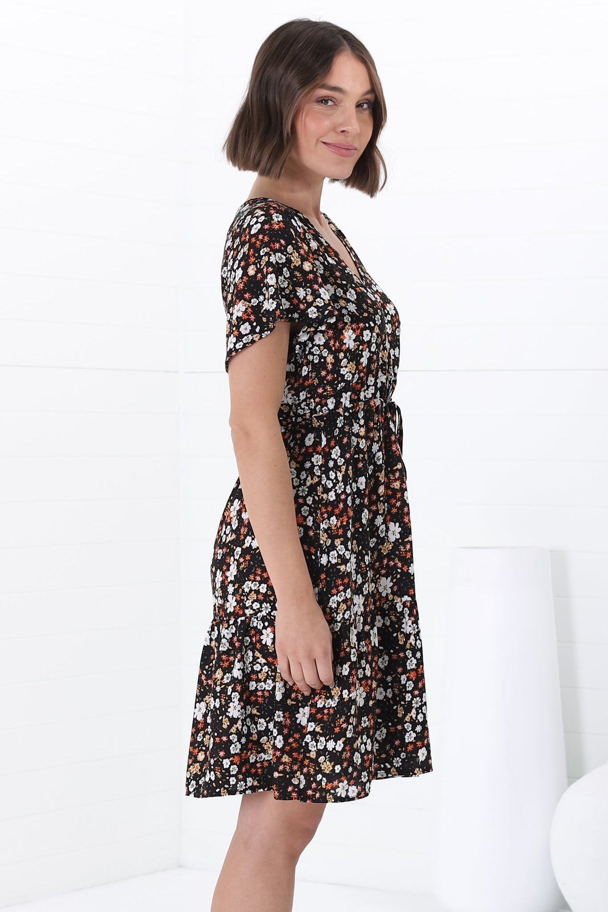 Malila Mini Dress - V Neck Pull Tie Waist Dress with Cap Sleeves in Hollie Print Black