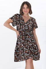 Malila Mini Dress - V Neck Pull Tie Waist Dress with Cap Sleeves in Hollie Print Black