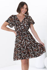 Malila Mini Dress - V Neck Pull Tie Waist Dress with Cap Sleeves in Hollie Print Black