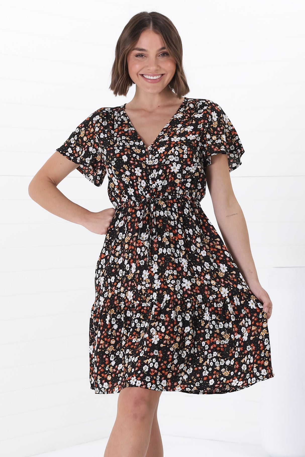 Malila Mini Dress - V Neck Pull Tie Waist Dress with Cap Sleeves in Hollie Print Black