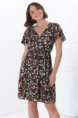 Malila Mini Dress - V Neck Pull Tie Waist Dress with Cap Sleeves in Hollie Print Black