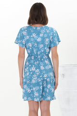 Malila Mini Dress - Cap Sleeve A Line Dress with Pull Tie Waist in Ishaka Print Blue