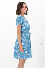 Malila Mini Dress - Cap Sleeve A Line Dress with Pull Tie Waist in Ishaka Print Blue