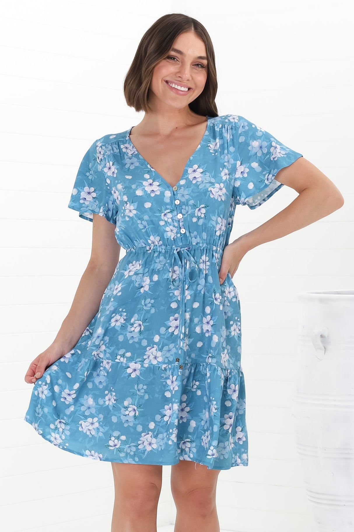 Malila Mini Dress - Cap Sleeve A Line Dress with Pull Tie Waist in Ishaka Print Blue