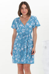 Malila Mini Dress - Cap Sleeve A Line Dress with Pull Tie Waist in Ishaka Print Blue