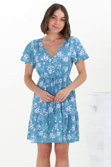 Malila Mini Dress - Cap Sleeve A Line Dress with Pull Tie Waist in Ishaka Print Blue