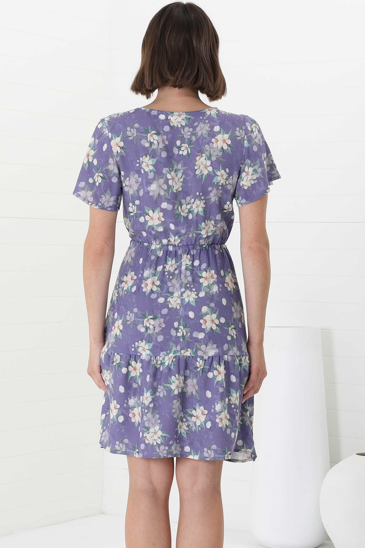 Malila Mini Dress - V Neck Pull Tie Waist Dress with Cap Sleeves in Ishaka Print