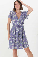 Malila Mini Dress - V Neck Pull Tie Waist Dress with Cap Sleeves in Ishaka Print