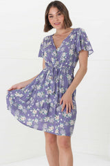 Malila Mini Dress - V Neck Pull Tie Waist Dress with Cap Sleeves in Ishaka Print