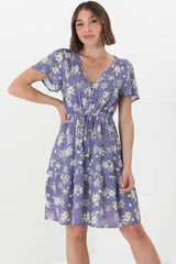 Malila Mini Dress - V Neck Pull Tie Waist Dress with Cap Sleeves in Ishaka Print