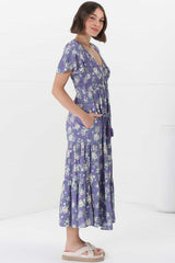 Amaya Midi Dress - Shirred Cap Sleeve A Line Dress in Ishaka Print