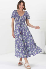 Amaya Midi Dress - Shirred Cap Sleeve A Line Dress in Ishaka Print