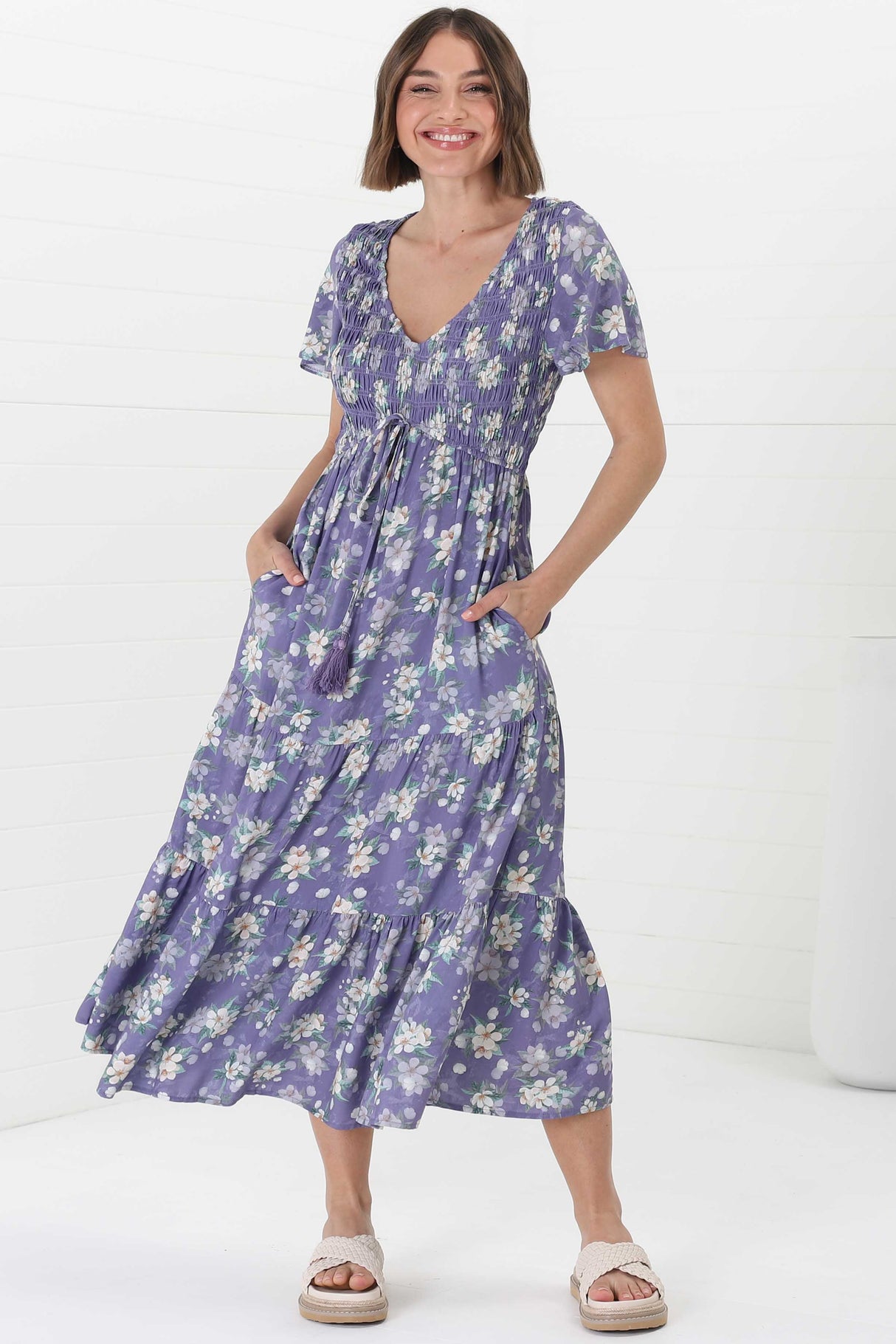 Amaya Midi Dress - Shirred Cap Sleeve A Line Dress in Ishaka Print