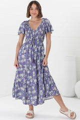 Amaya Midi Dress - Shirred Cap Sleeve A Line Dress in Ishaka Print