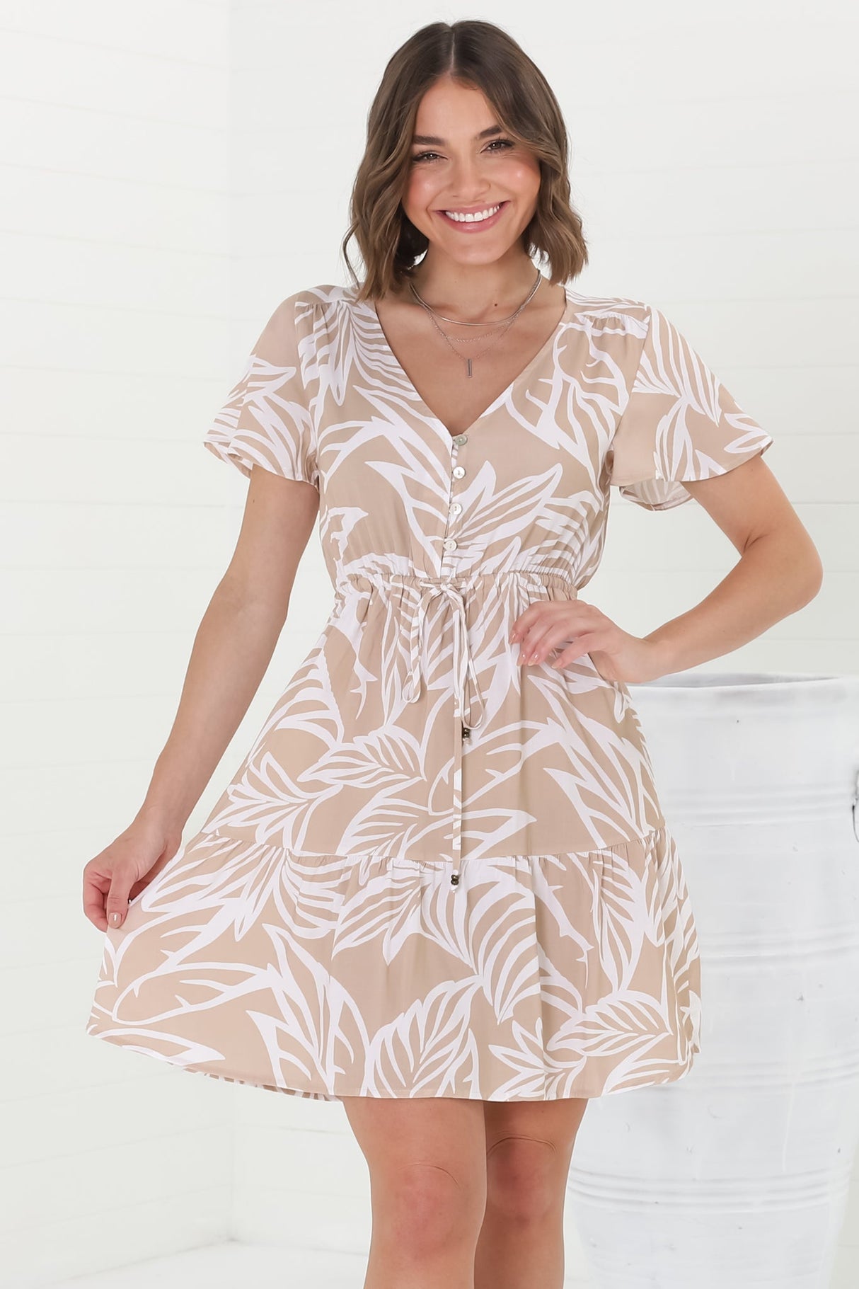 Malila Mini Dress - V Neck Pull Tie Waist Dress with Cap Sleeves in Jeani Print Beige