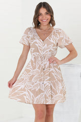 Malila Mini Dress - V Neck Pull Tie Waist Dress with Cap Sleeves in Jeani Print Beige