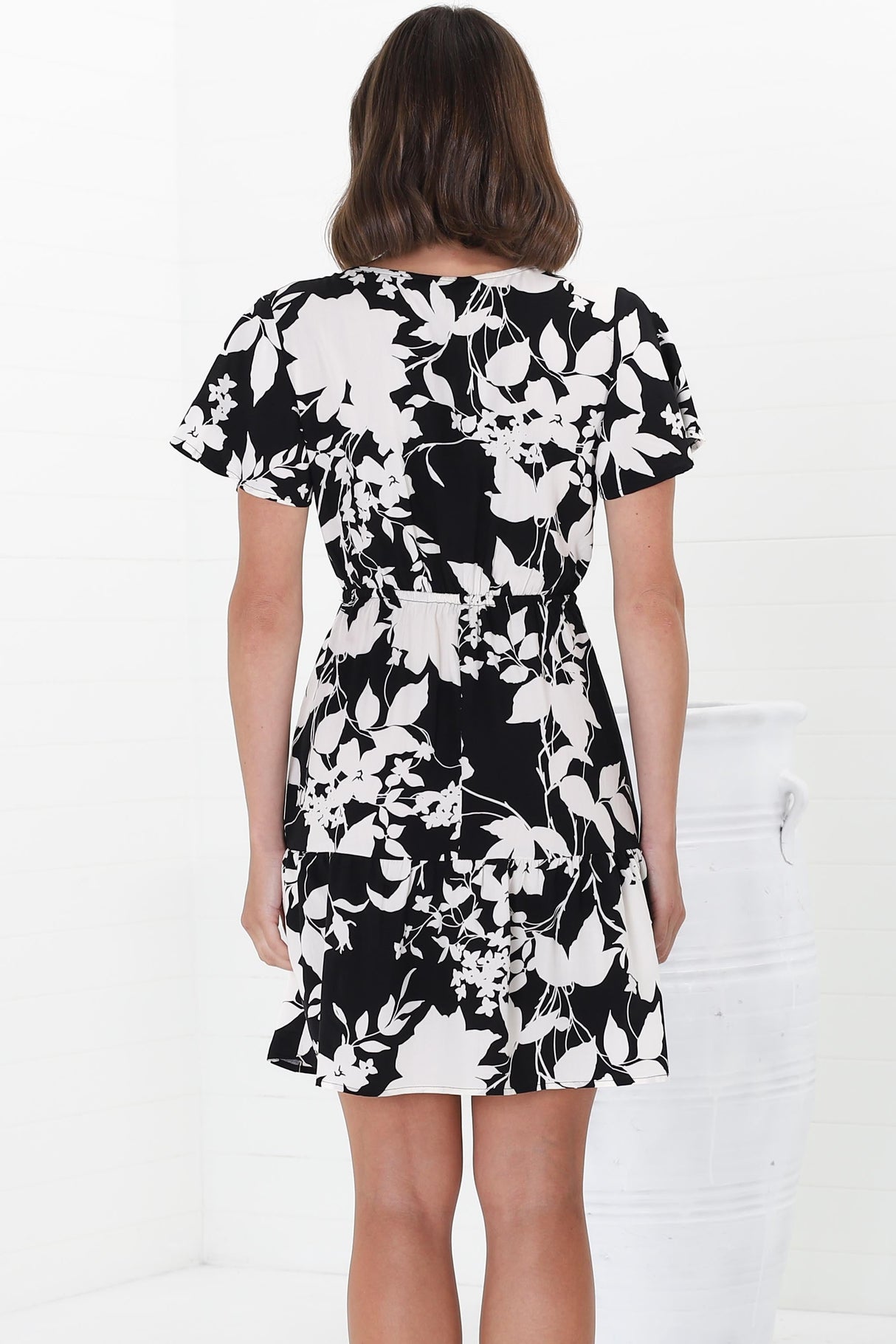 Malila Mini Dress - Cap Sleeve A Line Dress with Pull Tie Waist in Kacia Print Black