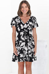 Malila Mini Dress - Cap Sleeve A Line Dress with Pull Tie Waist in Kacia Print Black