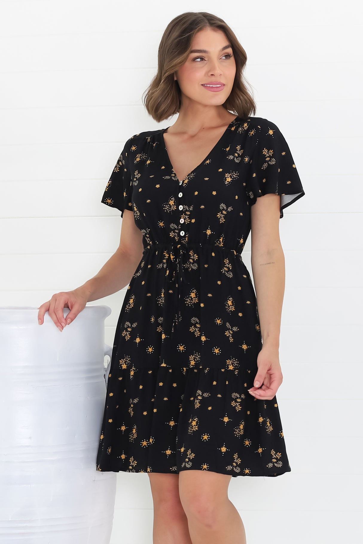 Malila Mini Dress - Cap Sleeve A Line Dress with Pull Tie Waist in Melany Print Black