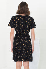 Malila Mini Dress - Cap Sleeve A Line Dress with Pull Tie Waist in Melany Print Black