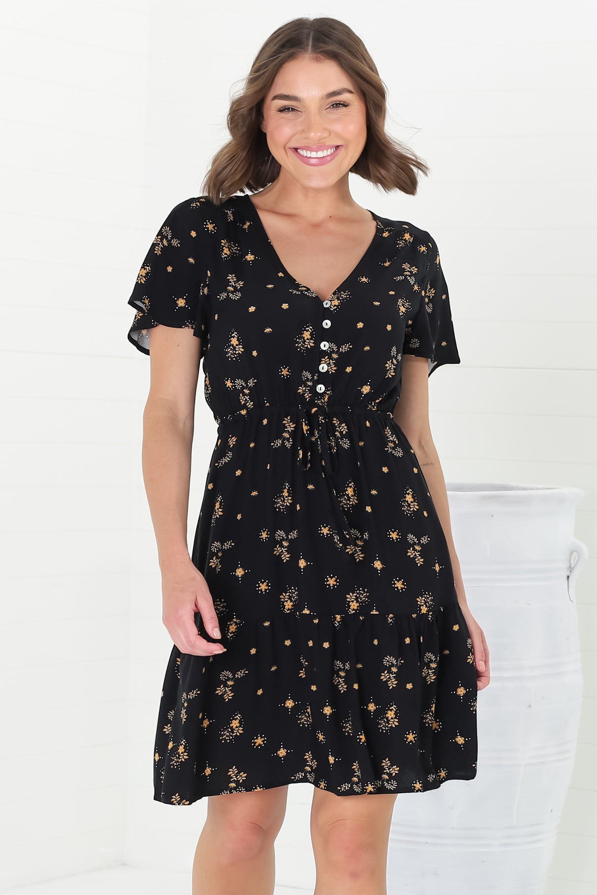 Malila Mini Dress - Cap Sleeve A Line Dress with Pull Tie Waist in Melany Print Black