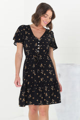 Malila Mini Dress - Cap Sleeve A Line Dress with Pull Tie Waist in Melany Print Black