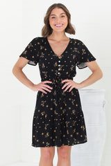 Malila Mini Dress - Cap Sleeve A Line Dress with Pull Tie Waist in Melany Print Black