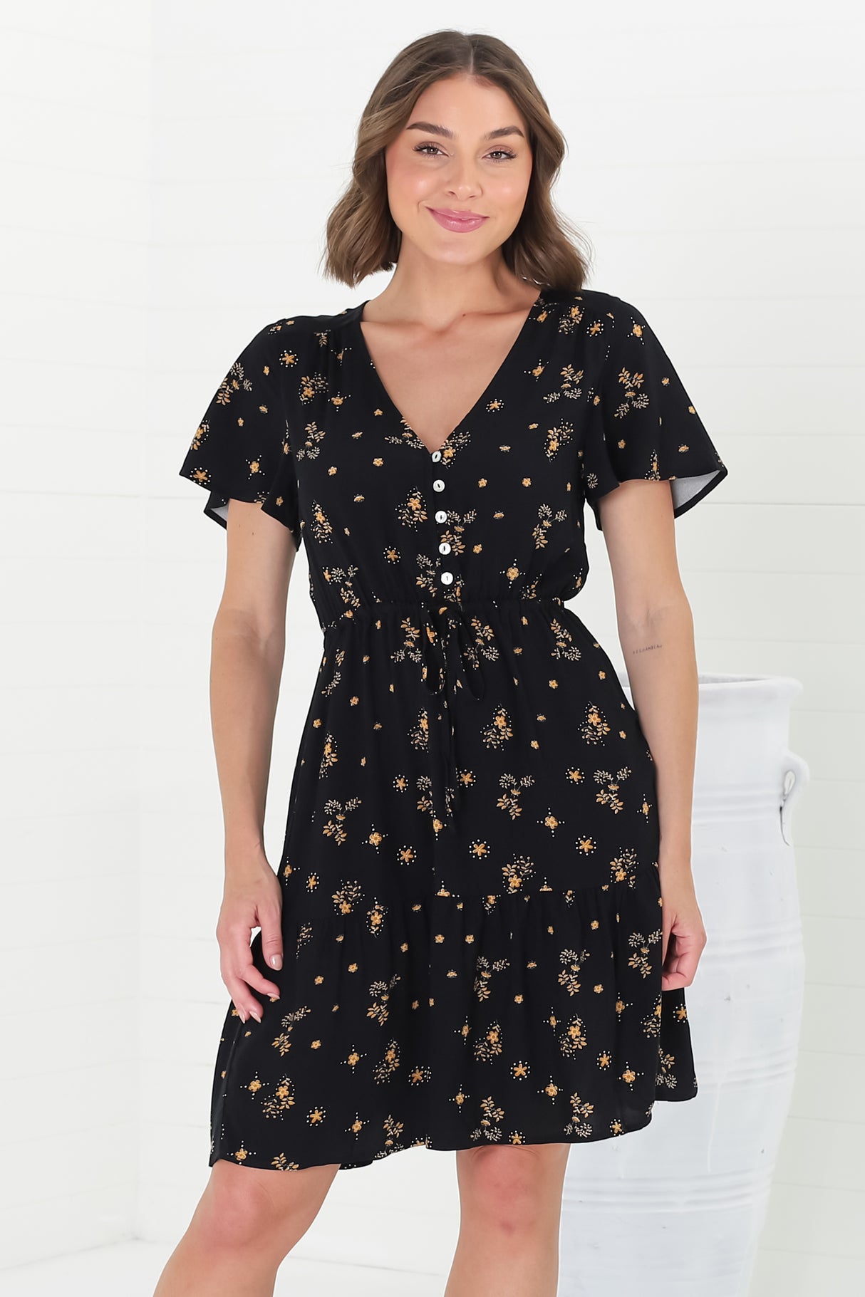 Malila Mini Dress - Cap Sleeve A Line Dress with Pull Tie Waist in Melany Print Black