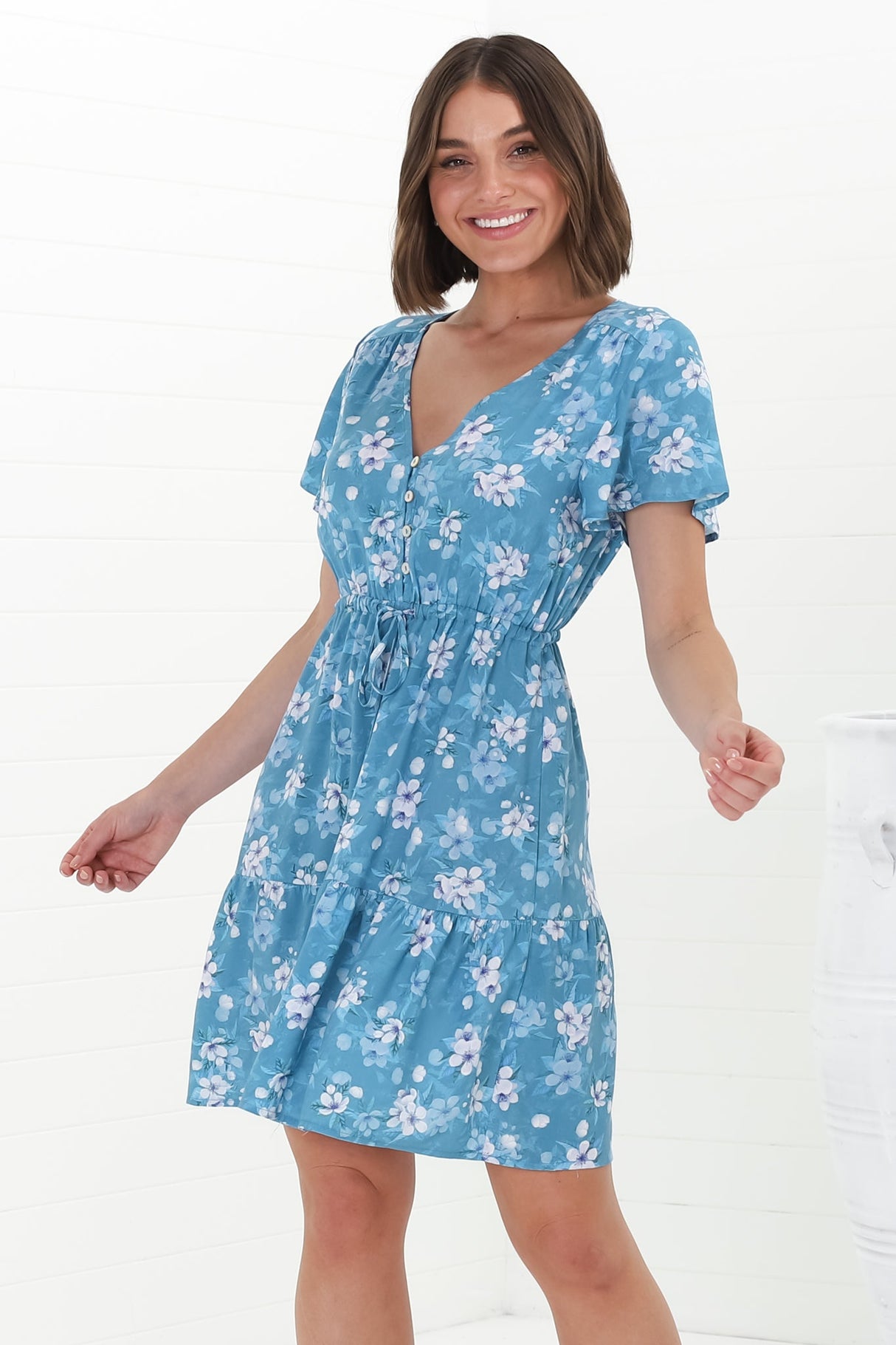 Malila Mini Dress - Cap Sleeve A Line Dress with Pull Tie Waist in Ishaka Print Blue