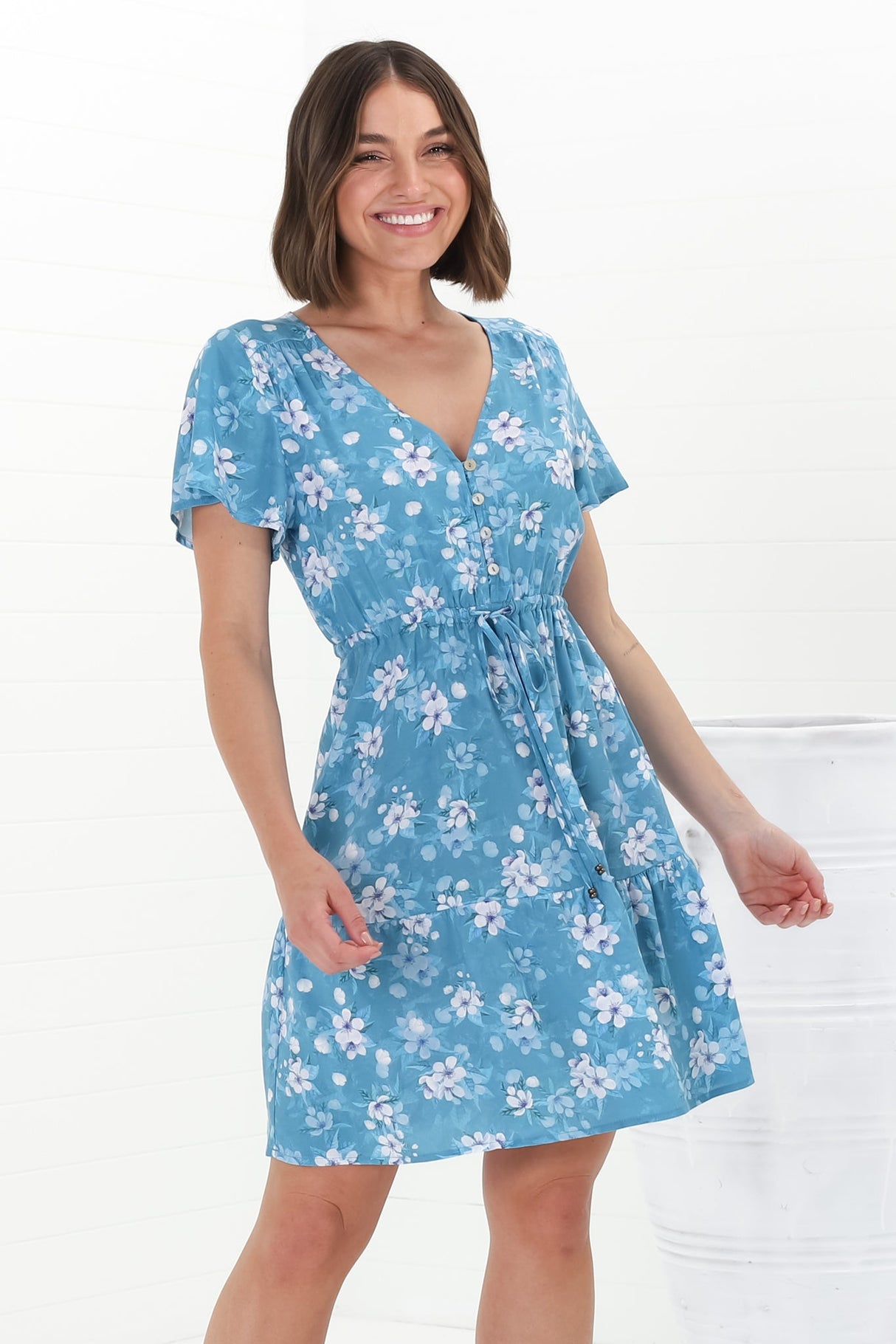 Malila Mini Dress - Cap Sleeve A Line Dress with Pull Tie Waist in Ishaka Print Blue