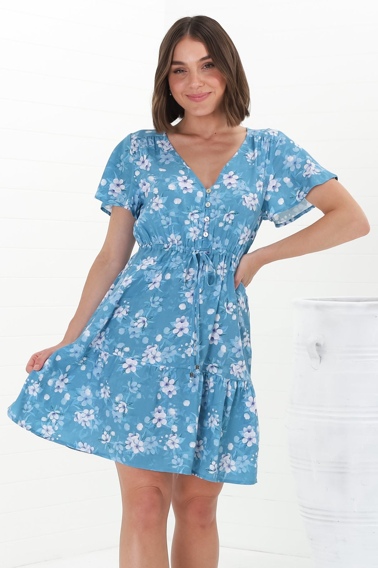 Malila Mini Dress - Cap Sleeve A Line Dress with Pull Tie Waist in Ishaka Print Blue