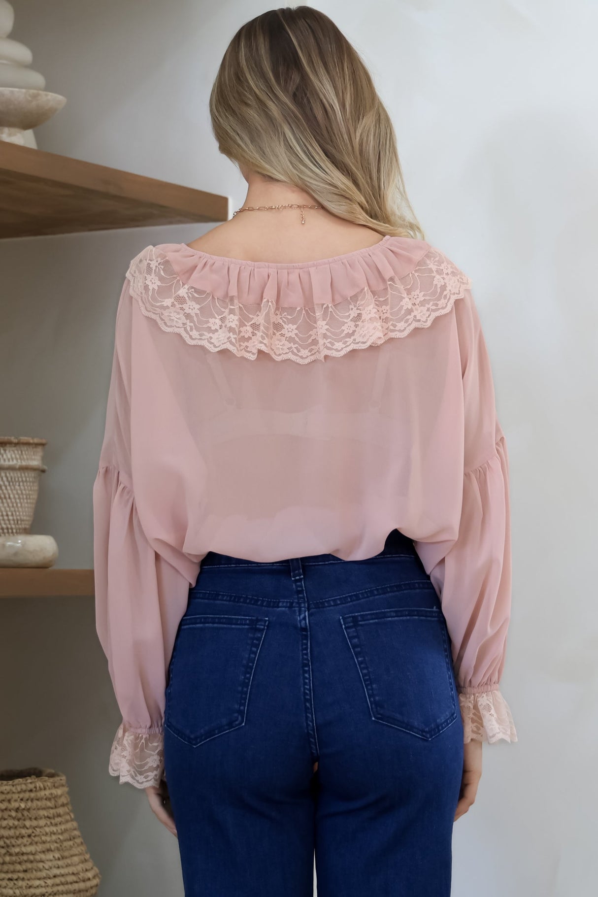 Mallin Blouse - Cascading Ruffles and Lace Crop with Balloon Sleeves in Pink
