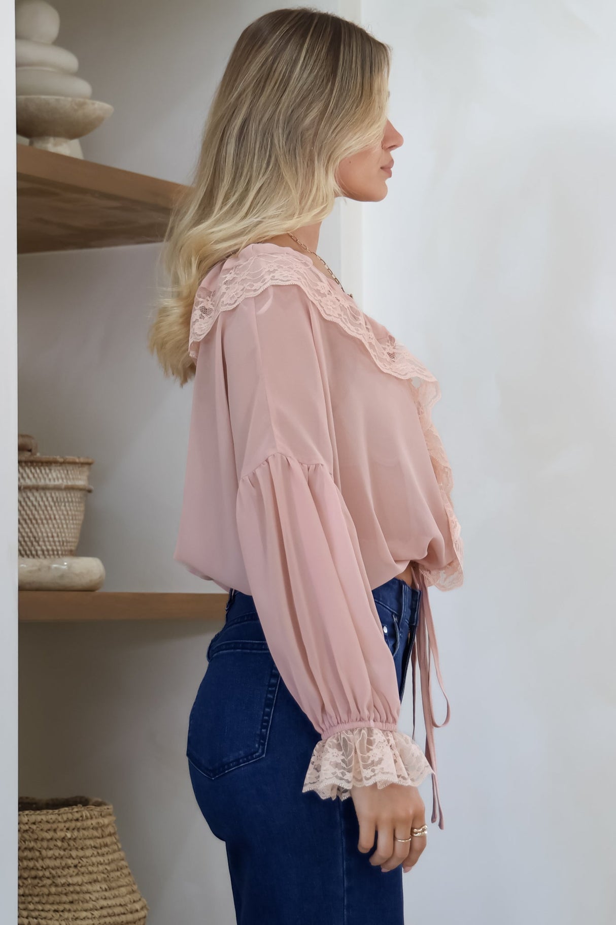 Mallin Blouse - Cascading Ruffles and Lace Crop with Balloon Sleeves in Pink