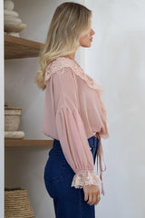 Mallin Blouse - Cascading Ruffles and Lace Crop with Balloon Sleeves in Pink