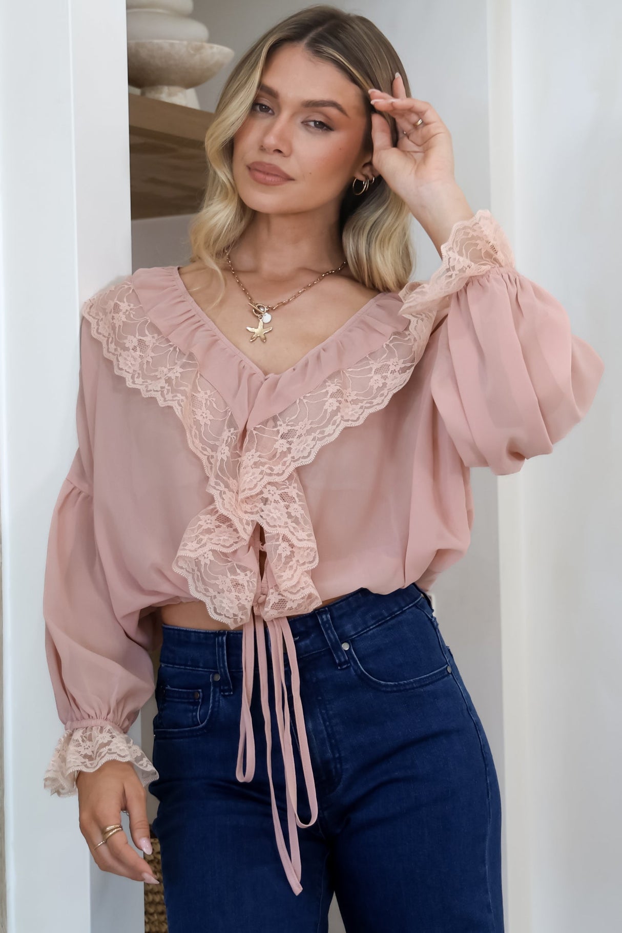 Mallin Blouse - Cascading Ruffles and Lace Crop with Balloon Sleeves in Pink