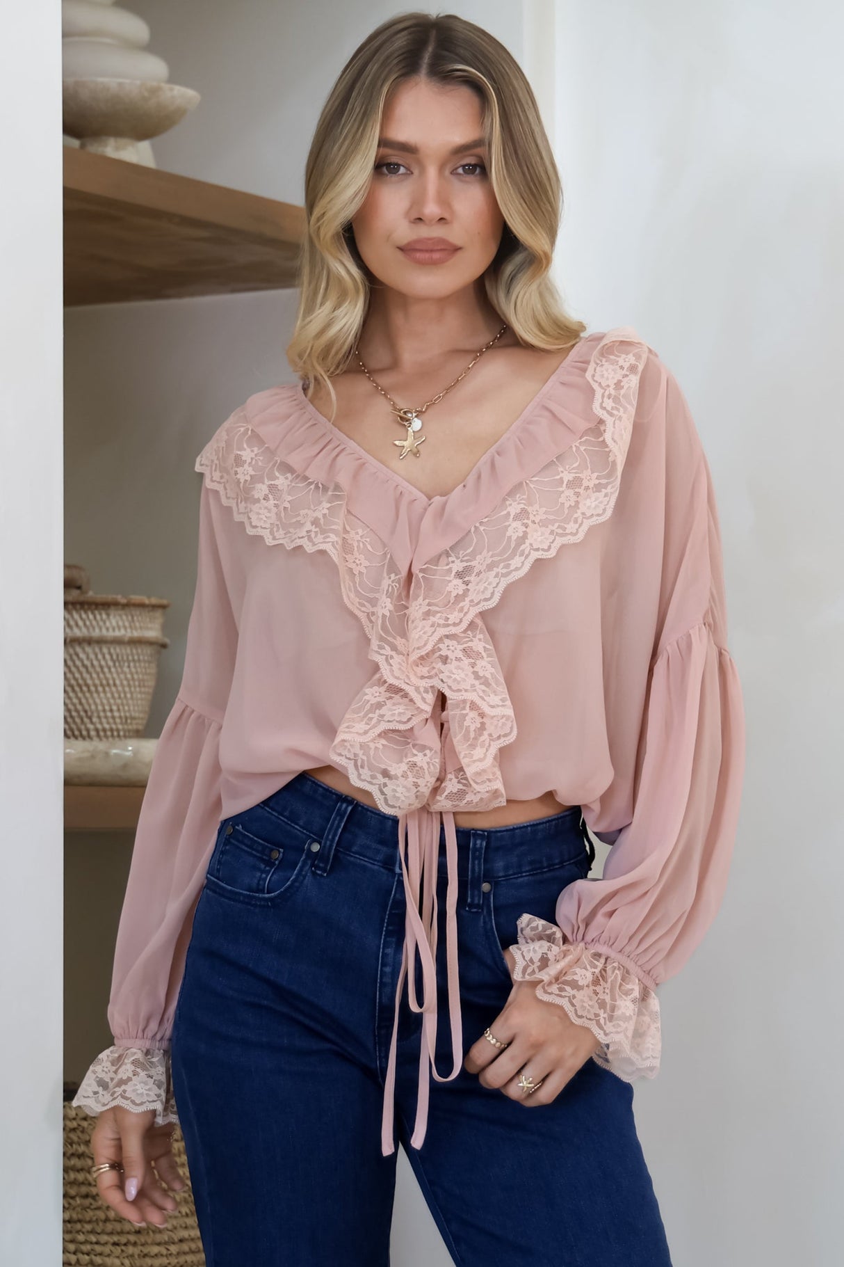 Mallin Blouse - Cascading Ruffles and Lace Crop with Balloon Sleeves in Pink