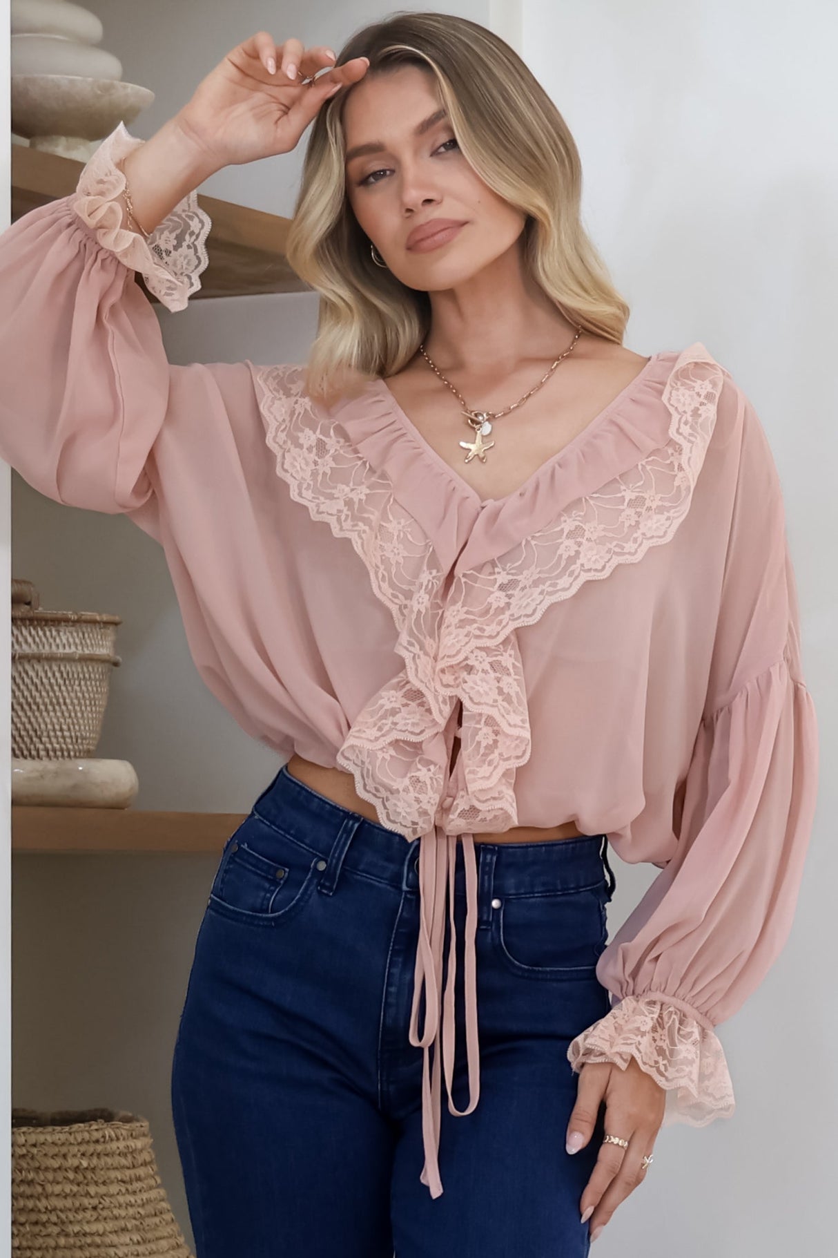 Mallin Blouse - Cascading Ruffles and Lace Crop with Balloon Sleeves in Pink