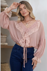 Mallin Blouse - Cascading Ruffles and Lace Crop with Balloon Sleeves in Pink