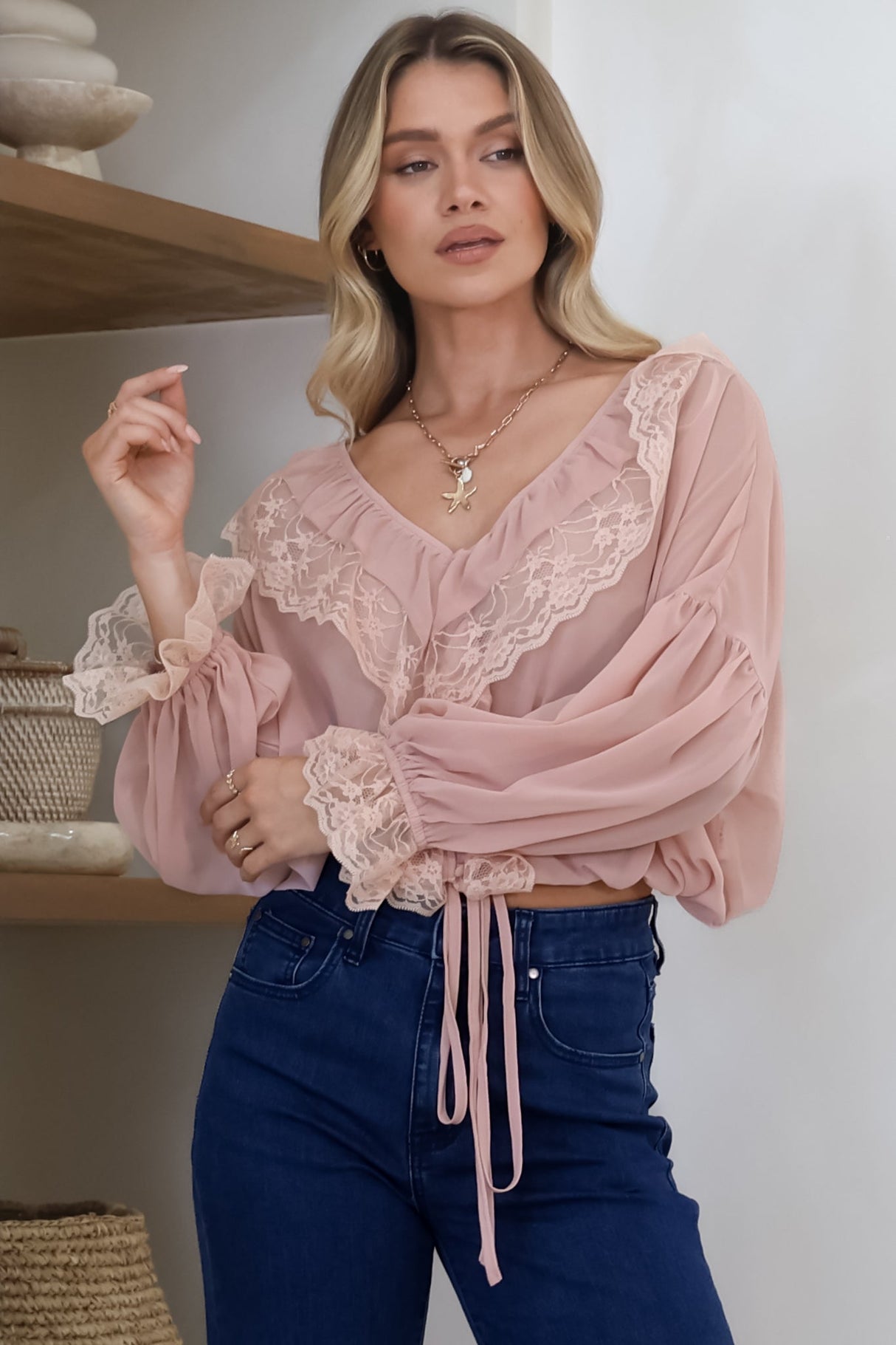 Mallin Blouse - Cascading Ruffles and Lace Crop with Balloon Sleeves in Pink