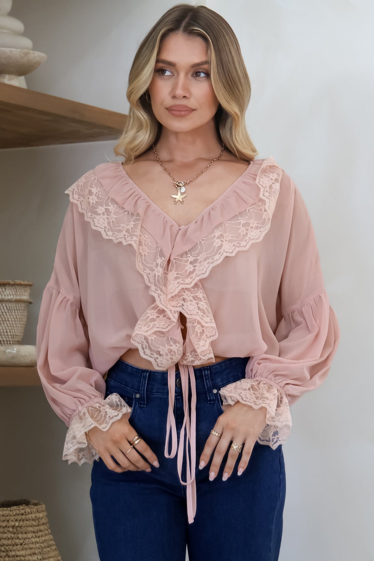 Mallin Blouse - Cascading Ruffles and Lace Crop with Balloon Sleeves in Pink