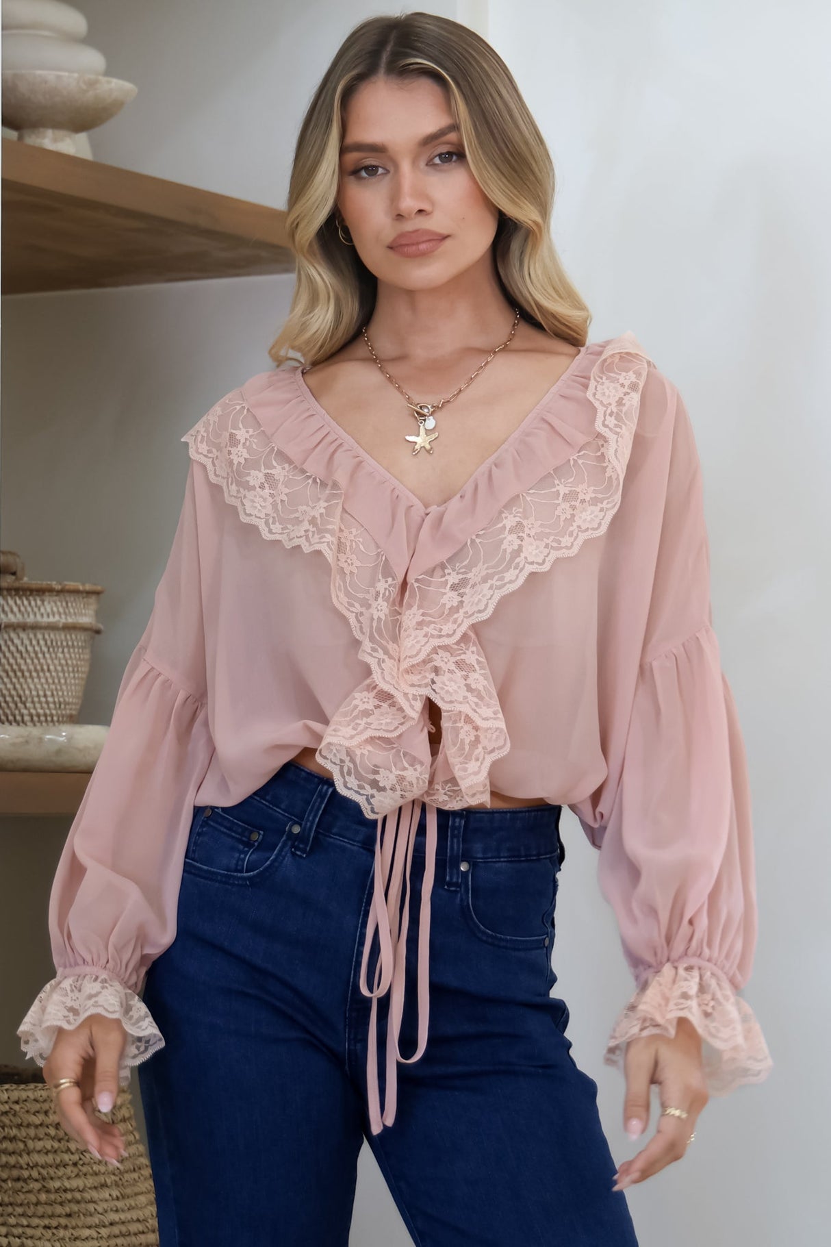 Mallin Blouse - Cascading Ruffles and Lace Crop with Balloon Sleeves in Pink