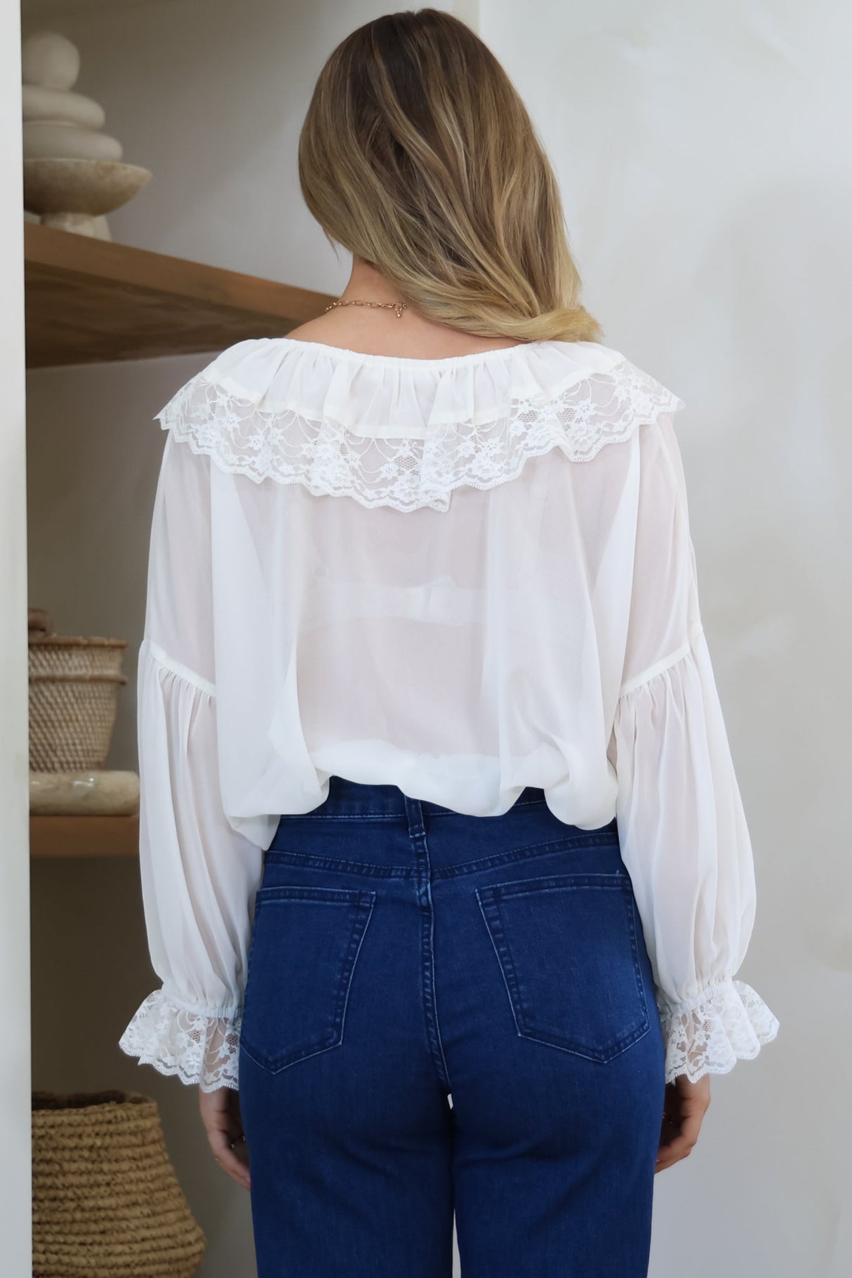 Mallin Blouse - Cascading Ruffles and Lace Crop with Balloon Sleeves in White