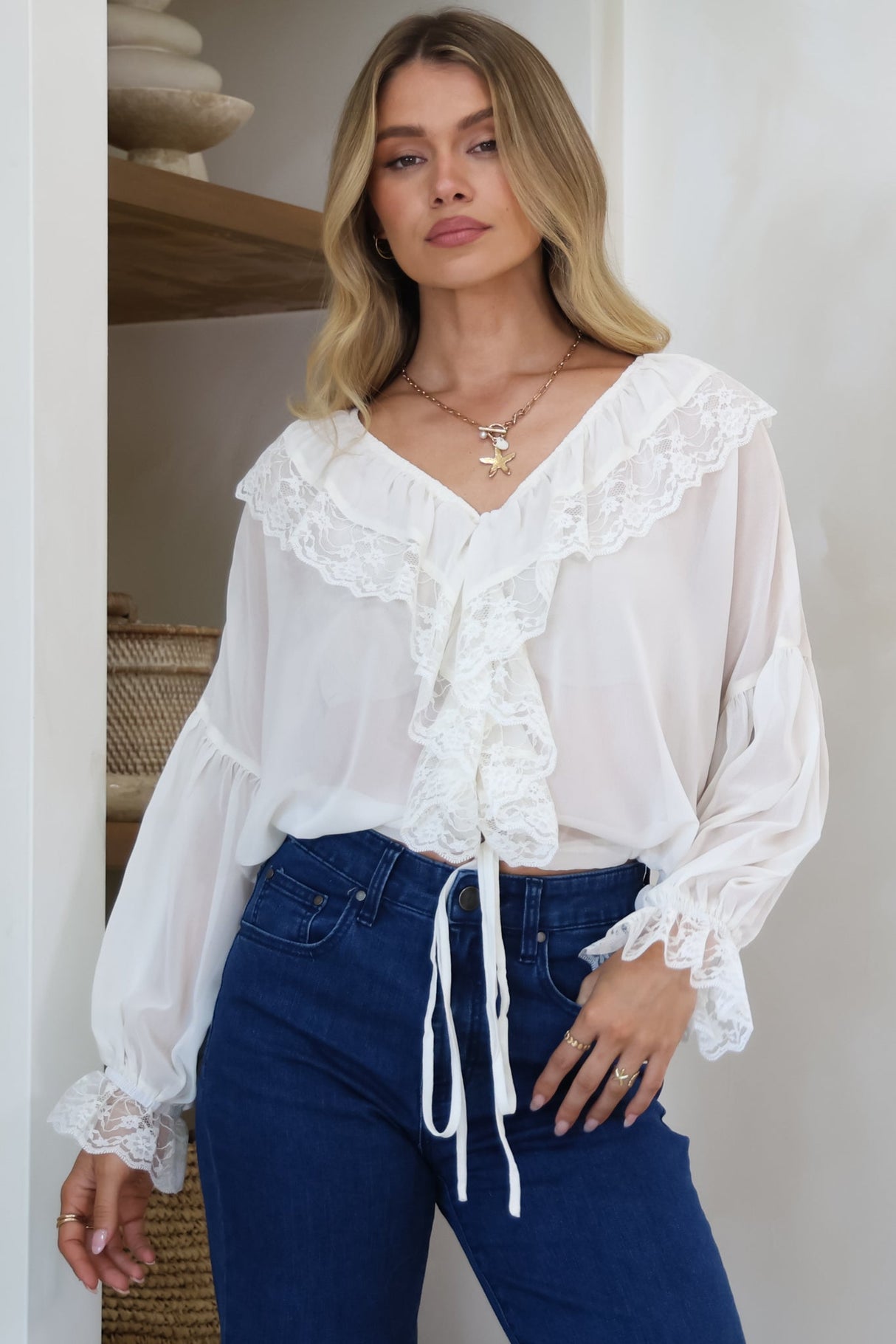 Mallin Blouse - Cascading Ruffles and Lace Crop with Balloon Sleeves in White