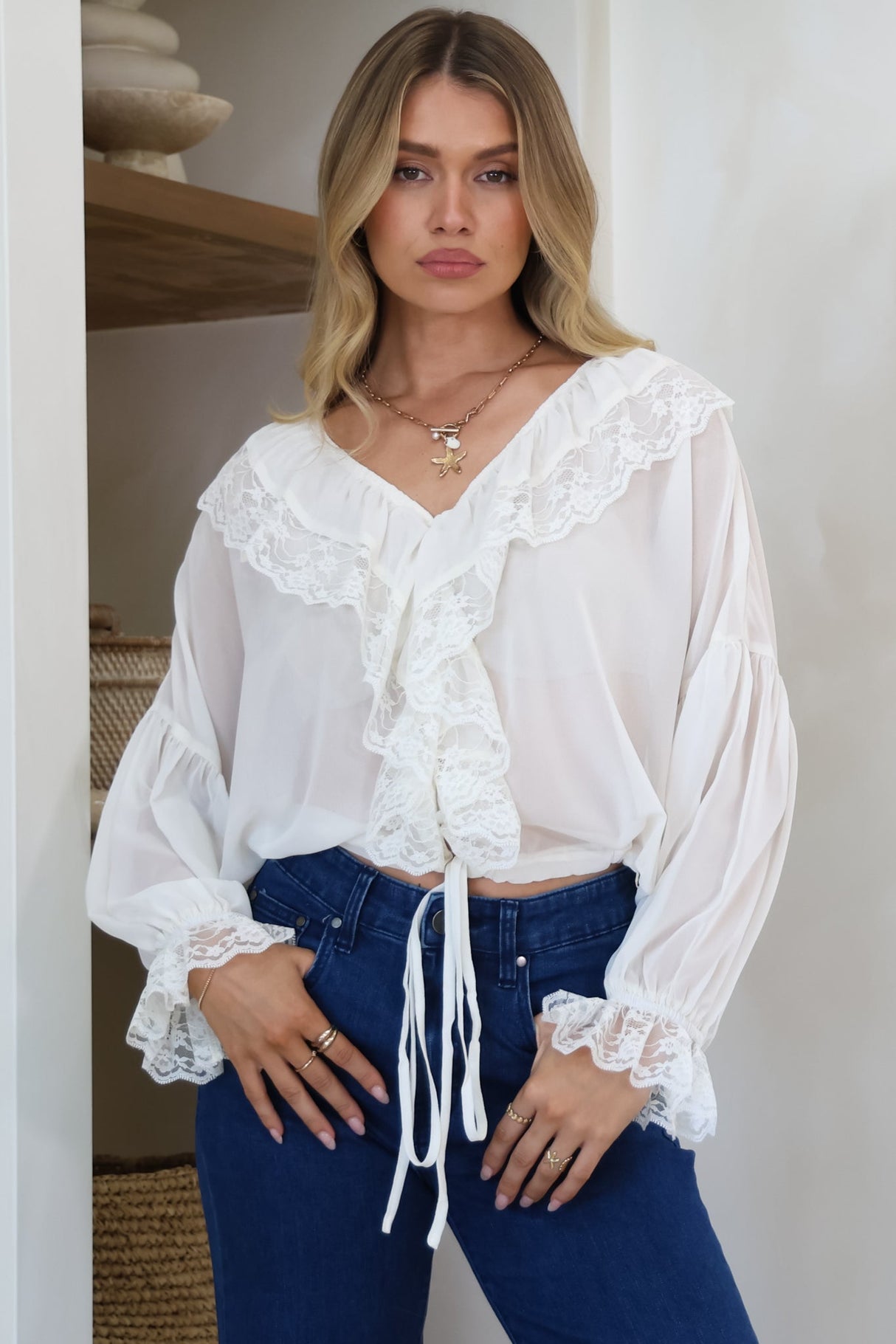 Mallin Blouse - Cascading Ruffles and Lace Crop with Balloon Sleeves in White